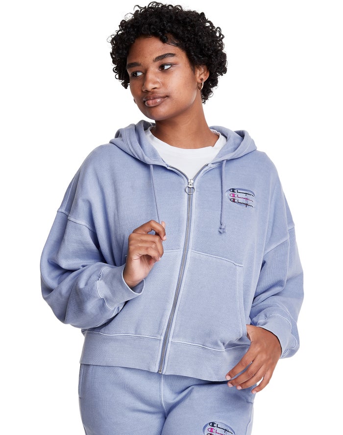 Champion Dame Hættetrøje LyseBlå - Lightweight Fleece Full Zip Boxy - Danmark STO-261809